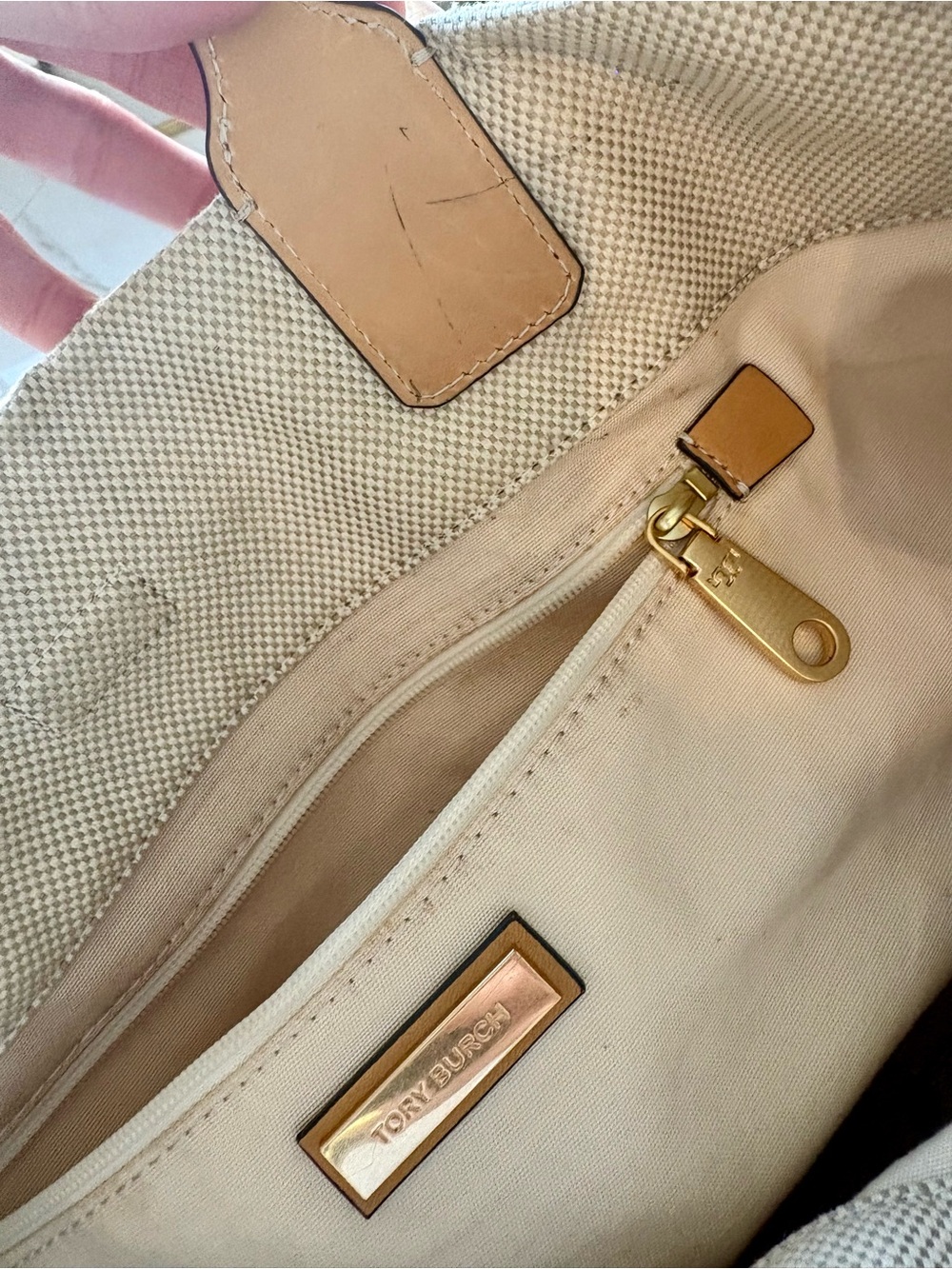 LARGE Tory Burch Ella Natural Canvas Tote with Tan Leather Trim Bag - Picture 8 of 11